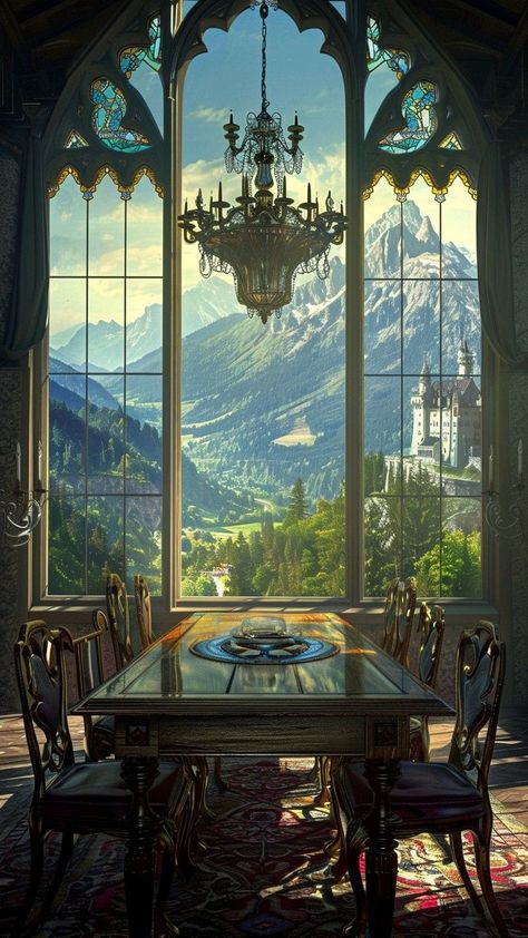 Fantasy Dining Room, Kingdoms Aesthetic, Fantasy Castle Interior, Castle Dining Room, Castle Aesthetic Interior, Mountain Kingdom, Ballroom Aesthetic, Mountain Castle, Room With View