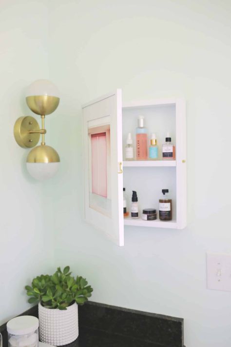 Hidden Medicine Cabinet DIY-Use this as base plan for Display box Hidden Medicine Cabinet, Prettiest Makeup, Makeup Room Decor Small Spaces, Diy Medicine, Hidden Cabinet, Cabinet Diy, 20 Makeup, Diy Storage Boxes, Impressions Vanity