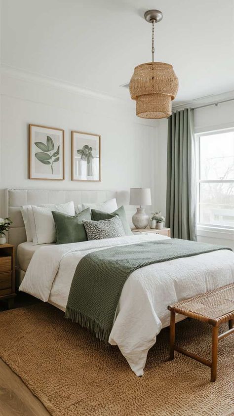 Pure White Bedroom Ideas, Sage Green Accents Bedrooms, Master Bedrooms Decor With Color, Bedroom Ideas Green And Beige, Sage Themed Bedroom, Beige Room With Green Accents, Green Bedroom Ideas Boho, Bedroom Ideas Greens, Sage House Interior