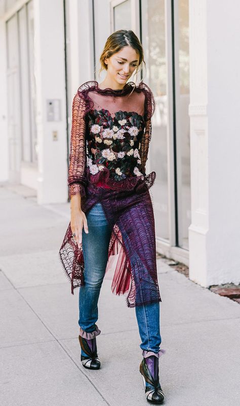 This is how you do a dress over jeans! (7 Standout Outfit Combinations Inspired by Street Style via @WhoWhatWear) Dress Over Jeans, Dress Over Pants, Street Style 2017, Nyfw Street Style, Pant Trends, Holiday Pictures, Looks Street Style, Outfit Combinations, Sheer Dress