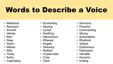 Voice Description Words, Different Ways To Describe A Voice, Tone Of Voice Writing, How To Describe A Characters Voice, Ways To Describe A Voice, Types Of Voices Tones, Words To Describe Actions, How To Describe A Voice, Words To Describe Voice