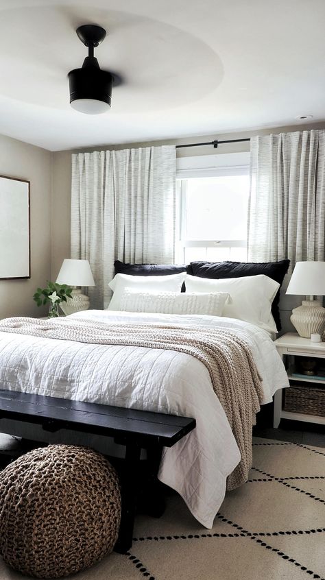 How to Make the Perfectly Cozy, Layered Bed - Made by Carli King Bedroom Ideas In Front Of Window, Master Bed Infront Of Windows, King Size Bed In Front Of Window, Small Bedroom Ideas King Bed, King Bed Under Window Ideas, Dark Grey Bedframe Bedroom, Beds By Windows Ideas, Queen Bed Under Window, Headboard Against Window Ideas