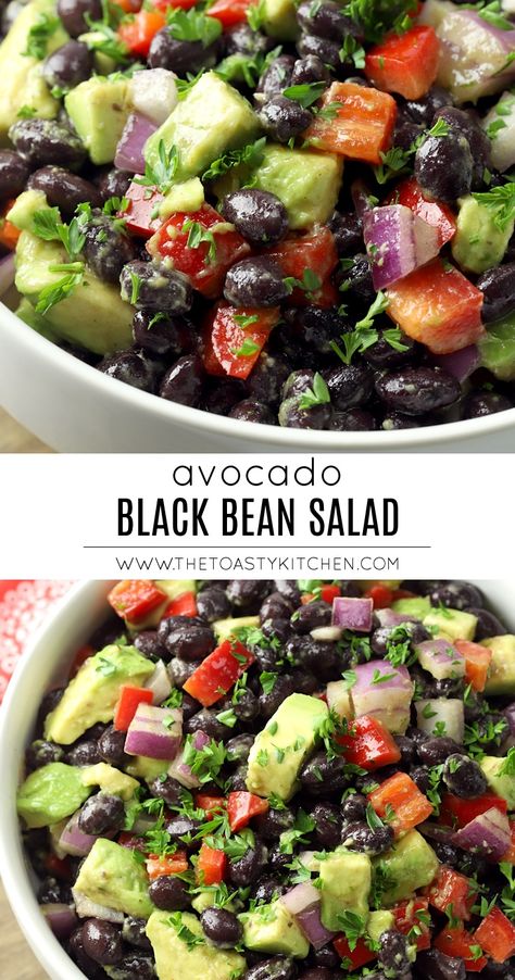 Avocado Black Bean Salad by The Toasty Kitchen #avocado #blackbeansalad #blackbeans #coldsalad #summer #lime #limevinaigrette #limezest #redpepper #lunch #lunchideas #easyrecipe #recipe #homemade Black Beans And Avocado Recipe, Black Bean Easy Recipe, What To Make With Avocados Recipe, 6 Ingredient Recipes Healthy, Mediterranean Avocado Recipes, Black Beans Dishes, Low Carb Black Bean Recipes, Whole Foods Diet Clean Eating, Mediterranean Avocado Salad