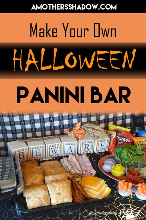 Here\'s how to make your own panini bar, ideas for ingredients, display for party, family and guests for Halloween. #halloween #halloweenfood #panini #paninibar #familyfriendly #kidscancook #nobake #foodforacrowd #hotsandwich #hotpanini Make Your Own Panini Bar, Panini Party Ideas, Panini Bar Party, Panini Bar Ideas, Panini Bar, Halloween Sandwiches, Panini Sandwich, Panini Press, Panini Sandwiches