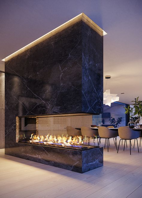 Villa Bosund v2 on Behance Luxury Fireplace Living Room, Double Sided Fireplace Living Room, Dual Sided Fireplace, Luxurious Fireplace, Side Fireplace, Luxury Living Room Designs Modern Interiors, Fireplace With Stone, Fireplace Modern Design, Luxury Fireplace