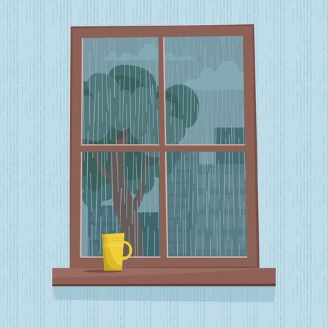 Rain outside the window Rain Window Illustration, Rainy Window Illustration, Raining Sketch, Rainy Window Drawing, Rain Outside Window, Raining Cartoon, Window Illustration Drawing, Window Raining, Raining Drawing