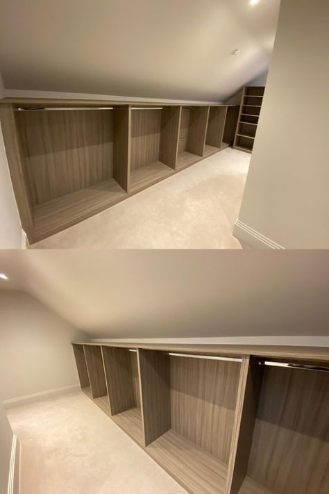 Built In Loft Wardrobes, Small Loft Wardrobe Ideas, Eaves Walk In Wardrobe, Built In Wardrobes Loft Room, Attic Room Wardrobe, Attic Bedroom Clothes Storage, Eve Storage Ideas, Awkward Wardrobe Space, Loft Storage Solutions