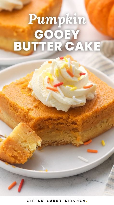 Pumpkin Gooey Butter Cake is the perfect fall treat, with a moist cake base topped with a creamy layer of pumpkin cream cheese filling. Pumpkin Supreme Pie, Pumpkin Gooey Butter Cake, Cheesecake Mousse Recipe, Pumpkin Cream Cheese Pie, Easy Pumpkin Dessert, Pumpkin Crunch Cake, Pumpkin Pie Ice Cream, Kids Plate, Gooey Butter