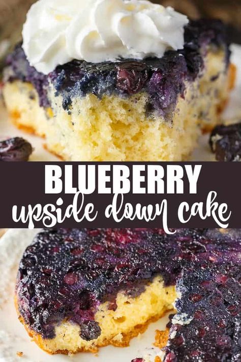 Blueberry Upside Down Cake - So simple to whip up using fresh summer blueberries! Made with cake mix to save on time. Lemon Upside Down Cake, Buttermilk Pancakes Easy, Blueberry Upside Down Cake, Easy Blueberry Desserts, Buttermilk Banana Bread, Blueberry Cake Mix, Blueberry Buttermilk Pancakes, Moist Yellow Cakes, Blueberry Topping