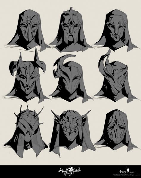 Masks Art Drawing, Fantasy Helmets Design, Mask Design Ideas Drawing, Masks Concept Art, Mask Design Concept, Fantasy Mask Design Concept Art, Crown Side View, Villain Design Concept Art, Crow Mask Drawing