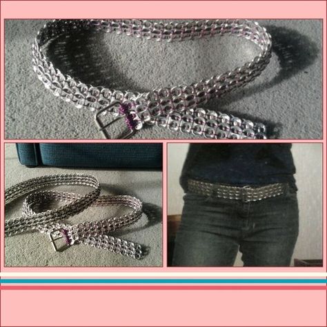 soda can tab belts i made :) Soda Tab Choker Tutorial, Soda Can Tab Crafts Ideas, Pop Tab Armor, Pull Tab Belt, Can Tab Bracelet Tutorial, Soda Tap Bracelets, How To Make Soda Tab Bracelet, Soda Tab Armor, Soda Can Tabs Crafts