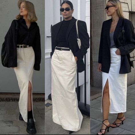 Long Beige Denim Skirt Outfit, White Long Jean Skirt Outfit, Long Denim Skirt Office Outfit, Beige Jeans Skirt Outfit, Long Cream Denim Skirt Outfit, Cream Denim Maxi Skirt Outfit, White Denim Maxi Skirt Outfit, Beige Denim Skirt Outfit, Cream Maxi Skirt Outfit