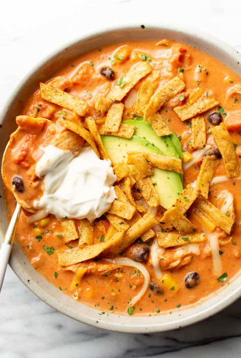 a bowl of creamy chicken tortilla soup with a spoon Chicken Tortilla Soup Recipe, Creamy Chicken Tortilla Soup, Salt Lavender, Chicken Tortilla Soup Easy, Mexican Soup Chicken, Chicken Tortillas Soups Recipe, Tortilla Soup Recipe, Savory Soups, Soup Dinner