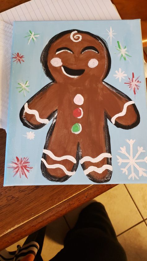 Christmas Paintings For Beginners, Easy Canvas Art Christmas, Easy Things To Paint Christmas, Christmas Art Simple, Gingerbread Man Art Project, Easy Paintings Christmas, Christmas Paint Party Ideas Canvases, Easy Winter Paintings For Kids, Canvas Painting Ideas Christmas Easy