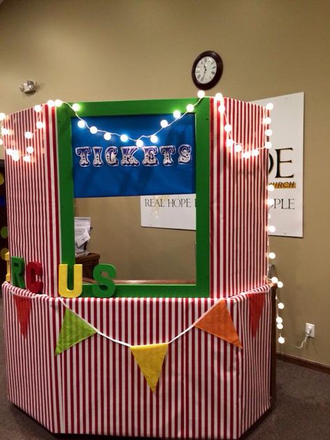 Ticket booth Club Booth Ideas School, Ticket Booth Diy, Pta Event Ideas, Club Booth, Circus Vbs, Pta Events, Walk Idea, Halloween Office, Ticket Booth