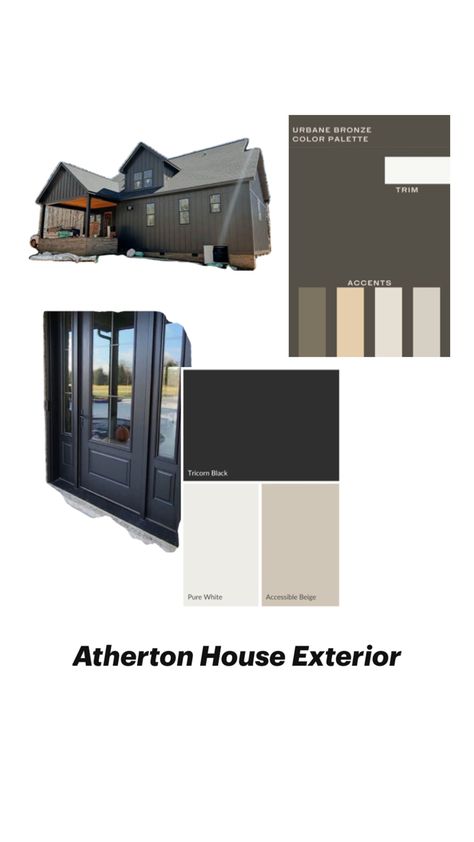 Stucco and Hardie Plank painted Urban Bronze or match the dark brown of gutters.   Front door and back door painted Iron Ore. Dark Brown House Exterior, Urban Bronze Exterior House, Brown House Exterior, Urban Bronze, Hardie Plank, Brown House, Iron Ore, Back Door, Back Doors