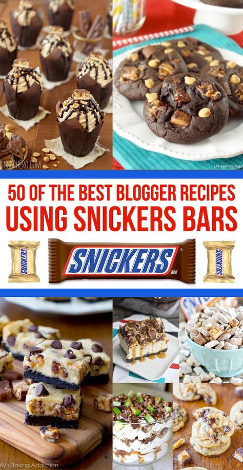 Wow, so many great ways to use up leftover Halloween candy!  Over 50 recipes using Snickers. #snickers #halloweencandy #candybars #lftorecipes Recipes With Snickers, Snickers Recipes Desserts, Dessert With Snickers Candy Bars, Recipes Using Snickers Candy Bars, Snickers Bar Brownies, Snicker Brownie Bites, Cookies With Snickers Inside, Leftover Halloween Candy Cookie Bars, Snickers Bars Recipe