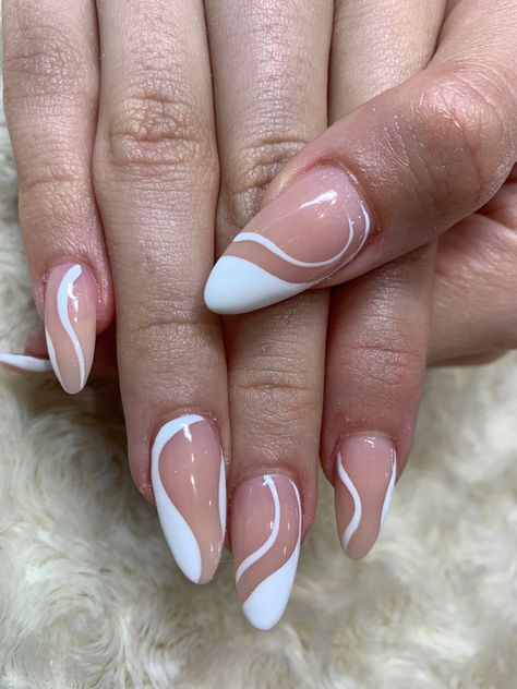 Swirl Nails And French Tip, Squiqqle Line Nails, Swoop Nail Designs, Almond Acrylic Nails Swirl Design, Nails With Swirl Designs, French Tip Twist Nails, Deep Smile Line Nails French Almond, Almond Nails Designs Graduation, Swiggly Lines Nail