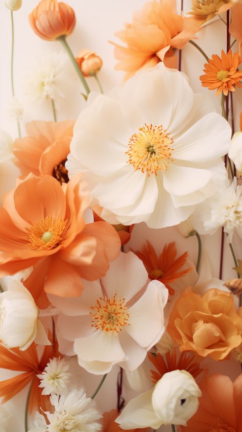 The image displays a beautiful assortment of flowers composed in a visually appealing manner. Predominant colors are shades of white and orange, creating a warm and inviting palette. In the foreground, a large white flower with delicate, translucent petals and a detailed yellow-orange center commands attention, serving as a striking focal point among the surrounding blossoms. This flower, possibly a kind of poppy or peony, is complemented by various blooms in softer whites and vibrant oranges, Orange Blossom Color Palette, White And Orange Aesthetic, Orange Flower Background, Orange Flowers Aesthetic, Bloom Background, Vibrant Wedding Flowers, Orange White Flowers, White And Orange Flowers, Boho Event