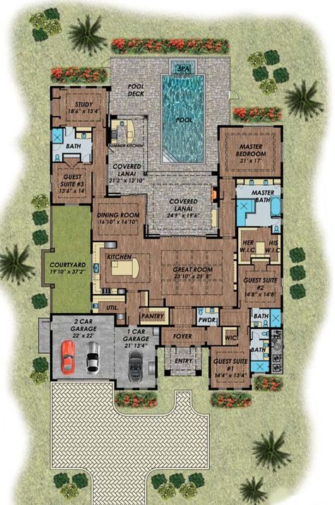 Main Floor Plan U Shape House, House Plans Florida, House Plans With Pool, Eco Friendly House Plans, U Shaped House Plans, U Shaped Houses, Inspirational Architecture, Shape House, Home Design Styles