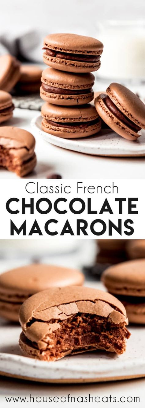 Chocolate Macarons Recipe, French Macaroon Recipes, Kue Macaroon, Macarons Recipe, Classic French Desserts, Chocolate Macarons, Chocolate Macaroons, Chocolate Macaron, Macaron Flavors