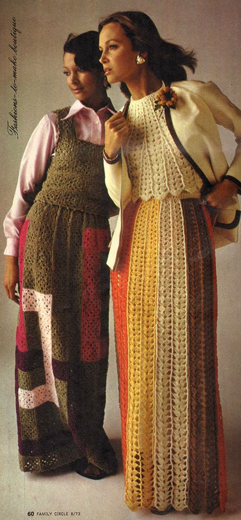 1970s Crochet Patterns, 70s Outfits Crochet, Vintage 70s Crochet Patterns, Crochet Vintage Skirt, Vintage Crochet Fashion, 70s Knitting Patterns, 70s Crochet Top Pattern, Crochet 70s Fashion, 70s Crochet Clothes