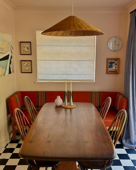 It took a while to find a bench to fit in this gap of our dining area, but it was worth the wait for this antique Danish one that fits perfectly 📷: @stephcookinteriors #interiors #diningroom #danishdesign Tiled Dining Room, 70s Dining Room, Dining Room Antique, Ercol Table, Rattan Light, Dining Nook, Table Chairs, Worth The Wait, Interior Design Portfolio