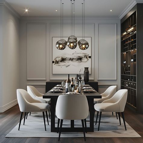 Modern dining room featuring black and white furniture, a sleek black table paired with white chairs, and a sophisticated wine cabinet on the right wall. The room is highlighted by a striking, large abstract painting framed in marble and elegant pendant lights casting a warm glow over the table. The space is designed with grey wall panels and a dark wood floor, encapsulating a minimalist yet luxurious aesthetic. Gray White Dining Room, 12 Person Table Dining Rooms, Light Grey Walls Dining Room, Black And Light Wood Dining Room, Dining Room Decor Dark Floors, Stunning Dining Rooms, Black Table White Chairs Dining Rooms, Walnut Dining Table With Black Chairs, Dining Room Wall Idea