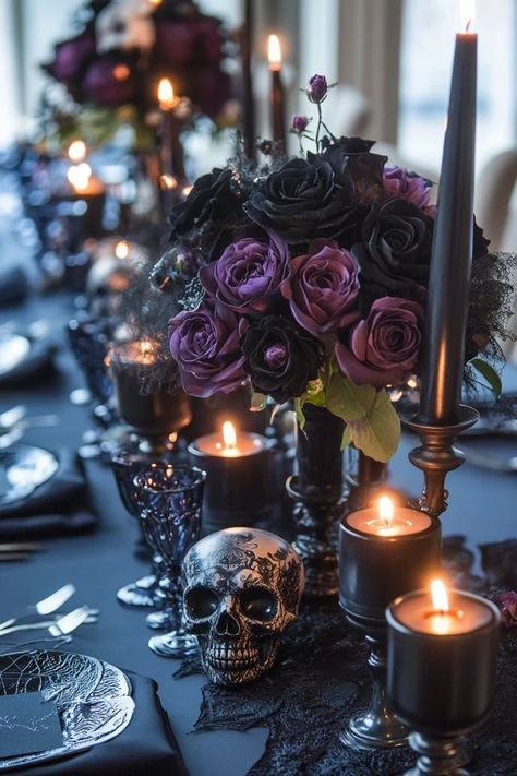 "Bring a bit of Halloween magic to your table with DIY Halloween Centerpieces! 🕯️🎃 Perfect for crafting a creepy, custom look for your Halloween party. 🌟✨ #HalloweenDIY #SpookyDecor #TableIdeas" Haunted Table Setting, Halloween Banquet Decorations, Gothic Reception Ideas, Witch Party Table Decor, Skull Themed Halloween Party, Halloween Party Centerpieces For Table, Fancy Halloween Party Decor, Halloween Theme Quinceanera, Halloween Bachelorette Party Food