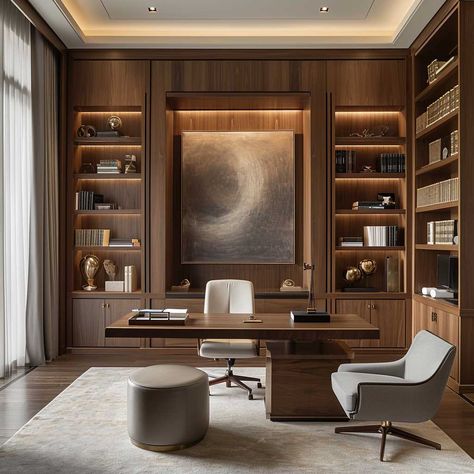 20+ Wall Wood Paneling Ideas to Create a Captivating Home Aesthetic • 333+ Images • [ArtFacade] Office With Wall Paneling, Modern Home Library Design Ideas, Japandi Office Interior Design, Library Home Design, Wooden Office Design, Office Wood Paneling, Wood Office Design, Wood Panel Office, Office Ideas Aesthetic