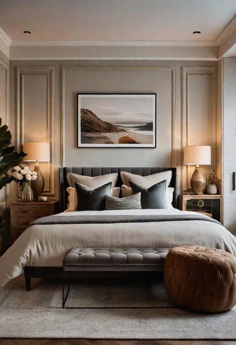 Master Bedrooms European, Rh Modern Bedroom, Hotel Chic Bedroom, Dreamy Bedrooms Romantic, Tonal Bedroom, Transitional Modern Bedroom, Main Bedroom Ideas, Cozy Bedroom For Couples, Boutique Hotel Bedroom