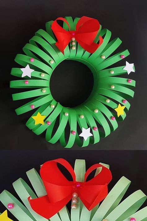 Kids Paper Christmas Wreath, 2d Christmas Decorations, Kids Craft Christmas Wreath, Easy Paper Wreath, Paper Christmas Wreath For Kids, Diy Paper Wreath Easy, Christmas Decoration Ideas For Classroom, Christmas Wreath Diy Kids, How To Make Paper Chains Christmas