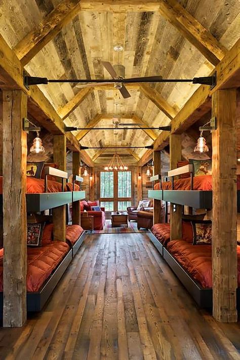 Cozy rustic bunkhouse getaway in Northern Wisconsin Rustic Bunk Beds, Wooden Wall Design, Rustic Bedroom Design, Bunk Rooms, Barndominium Floor Plans, Attic Renovation, Design Room, Bunk Room, Bunk House