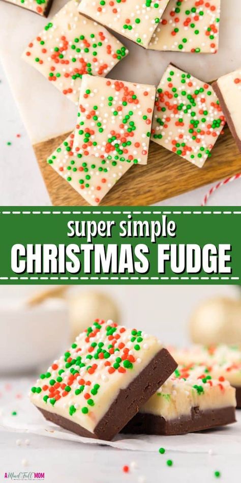 Made with layers of creamy milk chocolate, sweet white chocolate, and Christmas nonpareils, this holiday recipe puts a festive spin on homemade fudge. Easy Christmas Fudge Simple, Chocolate Fudge Christmas, White Chocolate Christmas Fudge, Christmas Chocolate Fudge, Christmas Fudge Recipes Easy Condensed Milk, Christmas Fudge Gifts Packaging, Easy Holiday Fudge, White Fudge Recipe Easy, Holiday Fudge Recipes Christmas