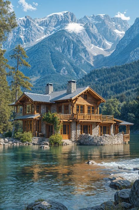 Lakeside Mountain Retreat 🏔️🏡 Lake House Mountains, Houses In Vermont, Canadian Lake House, Houses In Alaska, Mountain Home Aesthetic, Lakeside Architecture, Alaskan House, Lake Side House, Mountains Home