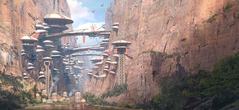 ArtStation - Canyon Civilization Vertical City Close Up, jordi van hees Canyon City, Vertical City, Sci Fi Landscape, Arte Steampunk, Sci Fi City, Star Wars Concept Art, Star Wars Rpg, Landscape Concept, Paintings And Drawings