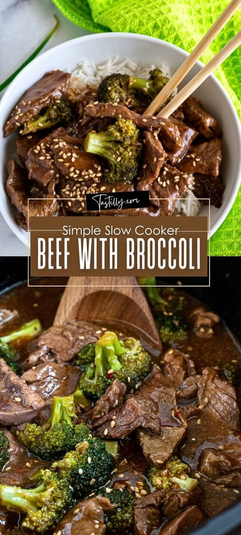 Set & Forget Simple Slow Cooker Beef With Broccoli - Tastilly Slow Cooker Broccoli Beef, Lunch Ideas Beef, Slow Cook Beef Recipes, Beef And Broccoli Crock Pot, Crock Pot Beef And Broccoli, Slow Cooker Beef And Broccoli, Beef With Broccoli Recipe, Crockpot Beef And Broccoli, Beef With Broccoli