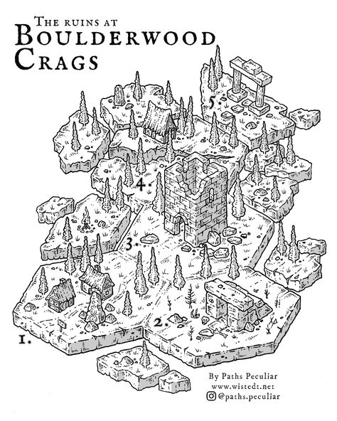 Isometric hex map - the ruins at Boulderwood Crags - Paths Peculiar Paths Peculiar, Ttrpg Design, Kdp Notebooks, Fairies Mythology, Hex Map, Map Inspiration, Map Diagram, Isometric Map, Inktober 2023