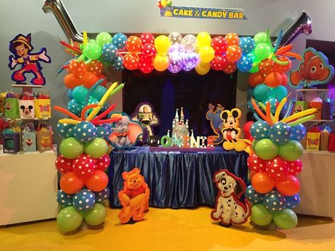 Disney Theme Party Balloon Arch, baby boys 1st birthday theme! All Disney characters Disneyland Theme Birthday Party For Boys, Boys 1st Birthday Theme, Party Balloon Arch, Character Theme Party, Mumbai Party, 1st Birthday Boy Themes, 1st Birthday Theme, Disney World Birthday, All Disney Characters