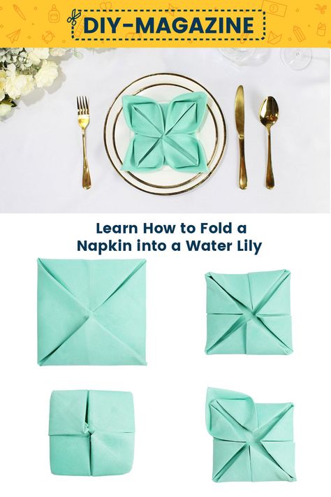 How to fold a napkin into a Water Lily Lotus Napkin Folding Step By Step, Creative Napkin Fold, Beautiful Napkin Folding, Fancy Napkin Folding, Towel Folding, Paper Napkin Folding, Napkin Folds, Folding Towels, Creative Napkins