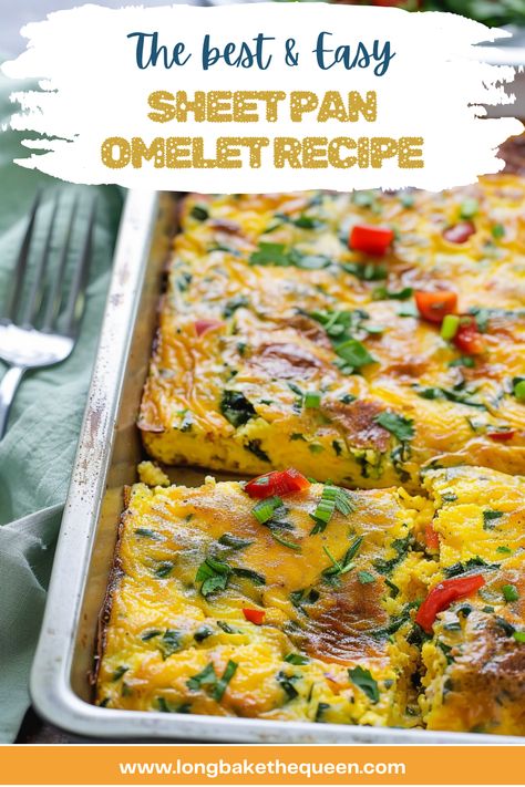 Whip up a Sheet Pan Omelet for a hassle-free, nutritious breakfast! This easy recipe combines fluffy eggs, crispy bacon, vibrant veggies, and melty cheese on one pan, making your morning meals a breeze. Ideal for meal prep or feeding a crowd, it's a delicious way to start the day. With minimal prep and easy cleanup, you'll have more time to enjoy with your loved ones. Ready in just 30 minutes, it's perfect for busy mornings. Pin this recipe now and make your breakfasts effortlessly delicious! Sheet Pan Egg Meal Prep, Easy Sheet Pan Breakfast, Omelet For A Crowd, Egg Pan Recipes, Eggs In A Pan, Sheet Pan Frittata Recipes, Oven Omlet Recipes, Sheet Pan Egg Bake, Sheet Pan Breakfast Casserole