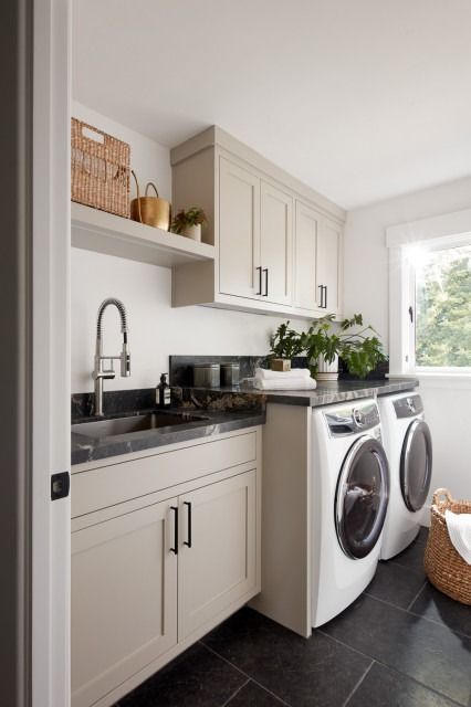 The 10 Most Popular Laundry Rooms So Far in 2024 Laundry Room Ideas Small With Sink, Laundry Area With Sink, Laundry Room With Refrigerator, Transitional Laundry Room, Recessed Cabinet, Compact Laundry, Stylish Laundry Room, Garage Laundry, Mud Rooms