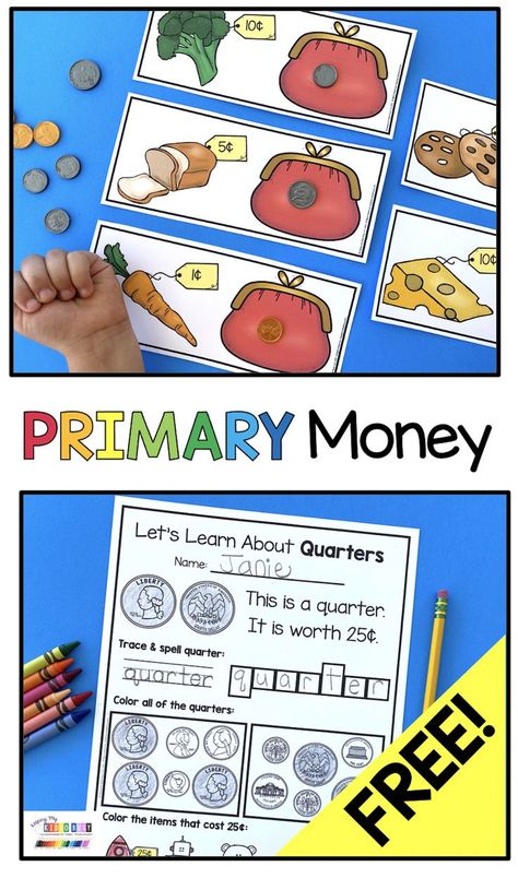 Learning about coins and dollars is so fun with this primary money unit - I created sing along songs with slides - games - worksheets and ideas to teach each coin and dollar. Students love the shopping math center and differentiated versions are included so pre-k - kindergarten and first grade students can be successful - try FREE activities to teach about quarters #firstgrademath #kindergartenmath Coins Kindergarten, Counting Money Activities, Teaching Coins, Math For Kindergarten, Money Kindergarten, Kindergarten Math Lesson Plans, Money Math Worksheets, Learning Money, Teaching Money