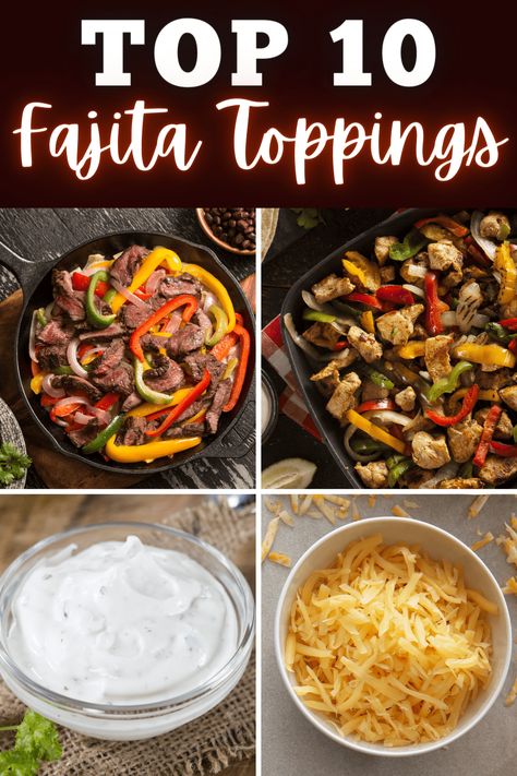 Looking for the best fajita toppings for an unforgettable Mexican feast? From meats to veggies, to sauces, these 10 toppings can’t be beat! Fajitas Bar Party Ideas, Fajita Toppings, Fajita Toppings Bar, Fajita Bar Ideas, Fajitas For A Crowd, Fajitas Sauce, Fajita For A Crowd, Fajita Night Sides, Fajita Bar Party