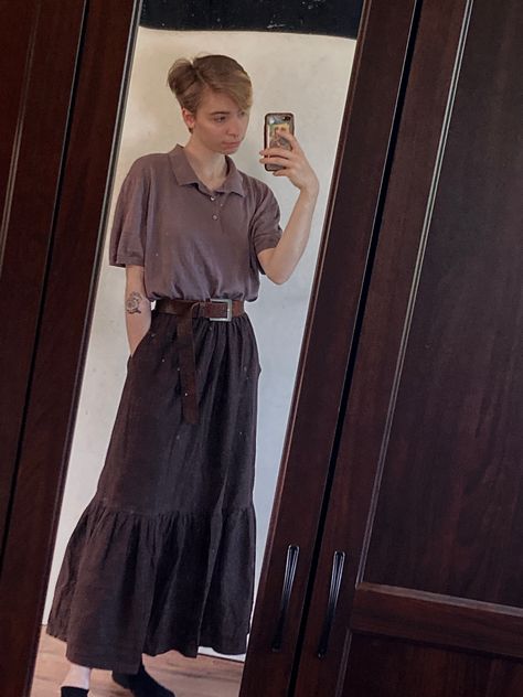 Gender Neutral Skirt Outfits, Gender Fluid Fall Outfits, Nonbinary Office Wear, Non Gender Outfits, Homecoming Outfits Nonbinary, Enby Outfits Skirt, Gender Neutral Fancy Outfit, Cottage Core Nonbinary Outfits, Cottagecore Nonbinary Outfits