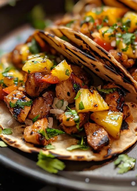 Teriyaki Chicken Tacos with Grilled Pineapple Pear Salsa Teriyaki Tacos, Pineapple Tacos, Teriyaki Chicken Tacos, Pineapple Dinner, Chicken Teriyaki Tacos, Teriyaki Chicken Wraps, Easy Togo Meals, Pineapple Dinner Recipes, Pineapple Teriyaki Chicken