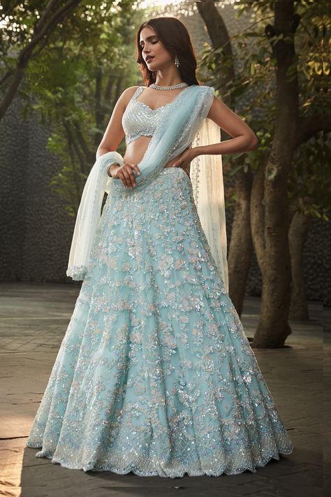 Seema Gujral Lengha, Aza Lehenga, Lengha Inspiration, Baby Blue Lehenga, Lehnga Designs Indian Weddings, Blue Indian Outfit, Ice Blue Lehenga, White Indian Outfit, Light Blue Lehenga