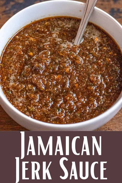 Jamaican Jerk Sauce is a spicy sauce that can be used as a marinade or to spice up any dish. If you want to bring a taste of the islands to your dish, this recipe is a must try! Carribean Jerk Seasoning, Jerk Spice Recipe, Carribean Jerk Sauce, Jamaican Sauce Recipe, Jamaican Dipping Sauce, Pineapple Jerk Sauce, Diy Jerk Seasoning, Authentic Jerk Marinade, Homemade Jerk Sauce