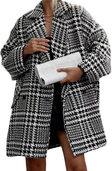 Amazon.com: chouyatou Women Winter Houndstooth Wool Blend Coat Notch Lapel Loose Warm Mid Long Double Breasted Peacoat : Clothing, Shoes & Jewelry Oversized Trench Coat, Boucle Coat, Leather Bustier, Houndstooth Coat, Pea Coats Women, Fitted Coat, Casual Outerwear, Tweed Coat, Collared Coat