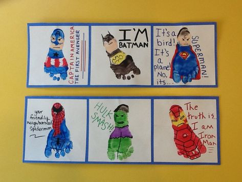 Superhero footprint craft! Infant/toddler room! (Captain America, Batman, Superman, Spiderman, The Hulk and Iron Man) Fathers Day Gifts From Baby, Diy Father's Day Gifts From Baby, Crafts For Infants, Gifts From Baby, Diy Fathers Day, Baby Avengers, Superhero Crafts, Footprint Craft, Footprint Crafts